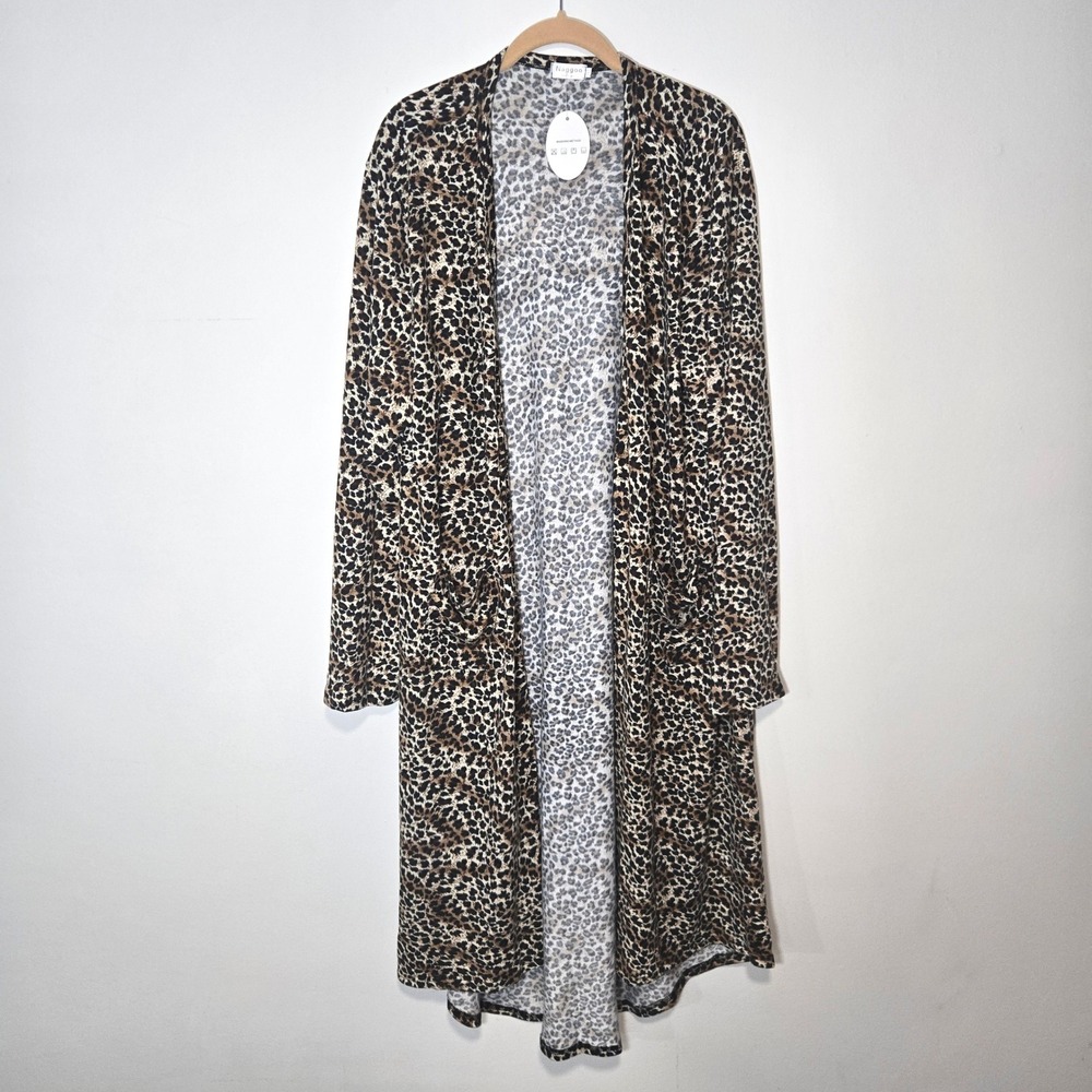 Duster Cardigan Womens 2XL Brown Leopard Print Open Front Longline Pocket